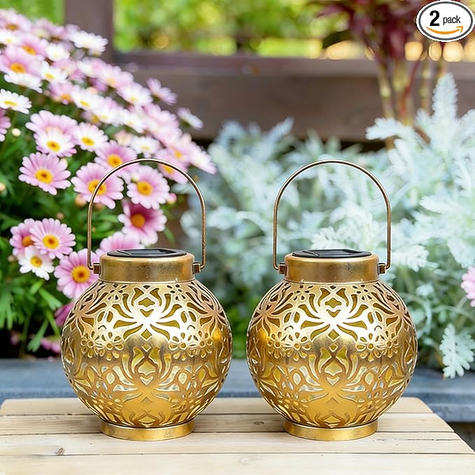 2 Pack Solar Lanterns Outdoor Gifts, IP44 Waterproof Hanging Solar Lights Decor Lamp for Garden, Patio, Pathway, Yard, Porch (Shiny Gold Flower)