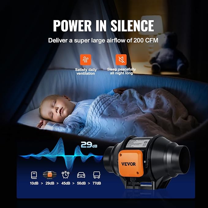 VEVOR Inline Duct Fan, 4-Inch 200 CFM with Variable Speed Controller, Quiet AC-Motor Ventilation Exhaust Fan for Cooling Booster, Grow Tents, Hydroponics