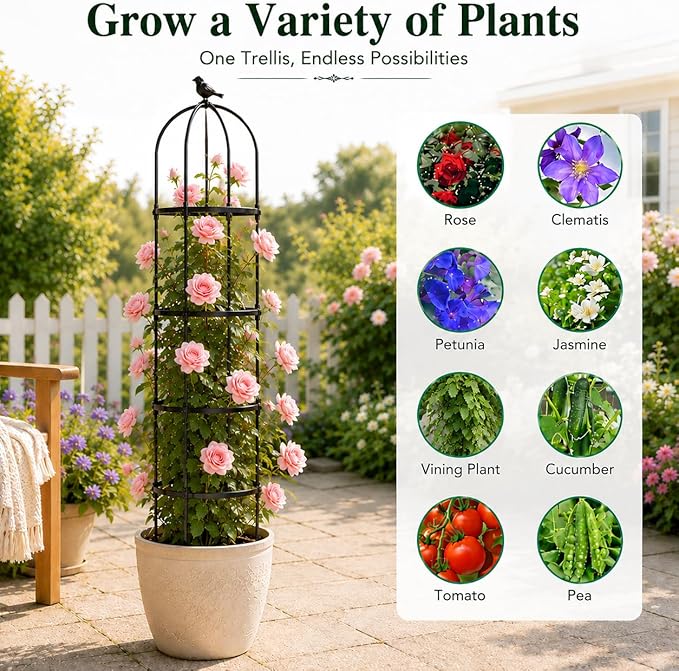 Garden Obelisk Trellis for Climbing Plants Outdoor, 6.3 ft Tall Rose Trellis Climbing Plants Support for Potted Light Vine Flower Vegetable Cucumber Trellis Raised Garden Bed, Black, 1PC