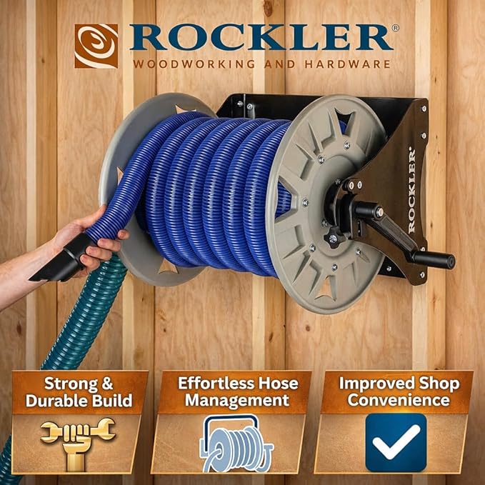 Rockler Shop Vacuum Hose Reel - Holds 40' of 1-1/2'' Vacuum Hose Extension Reel w/Steel Frame - Adjustable Tension Knob, Wall Mount Vacuum Hose Reel - Easy Installation Dust Collector Accessories