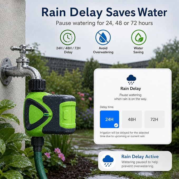 Smart WiFi Hose Timer No Hub Required, App-Controlled Sprinkler Timer for Garden Hose, Automatic Watering Timer for Lawn Yard Greenhouse, Rain Delay, 3/4 Inch Faucet, IP65 Waterproof