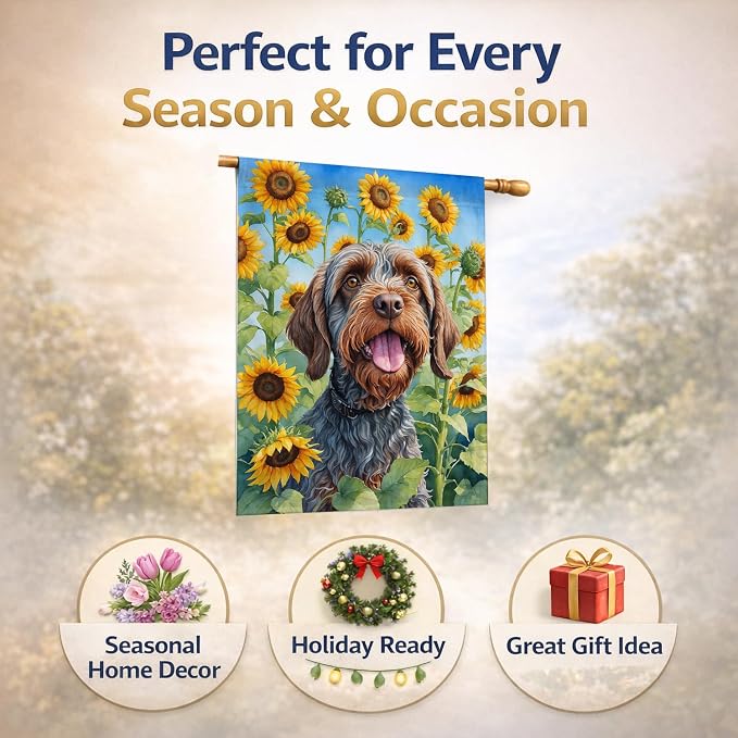 Caroline's Treasures DAC6177CHF Wirehaired Pointing Griffon in Sunflowers House Flag Large Porch Sleeve Pole Decorative Outside Yard Banner Artwork Wall Hanging, Polyester, House Size, Multicolor