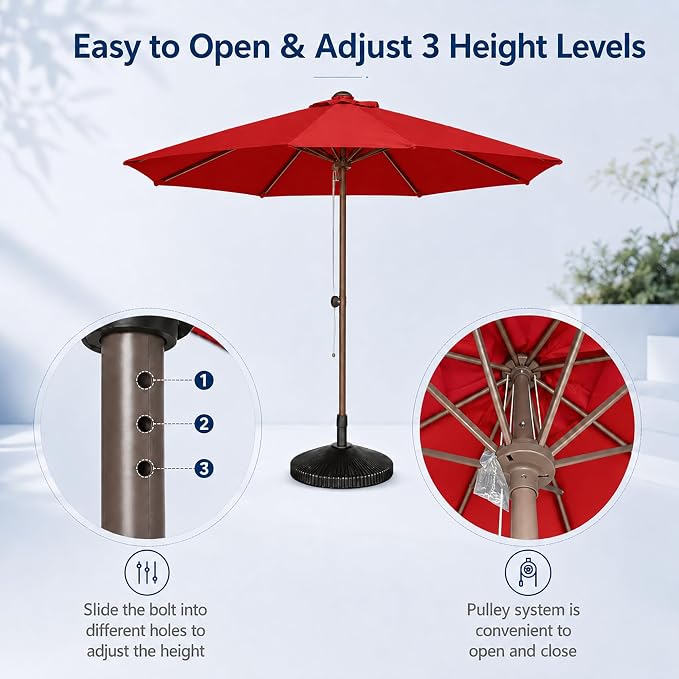 9FT Patio Umbrella, Outdoor Table Umbrella with Rope Pulley Lift, 3 Adjustable Heights, Market Umbrellas for Backyard, Pool and Deck, UPF50+