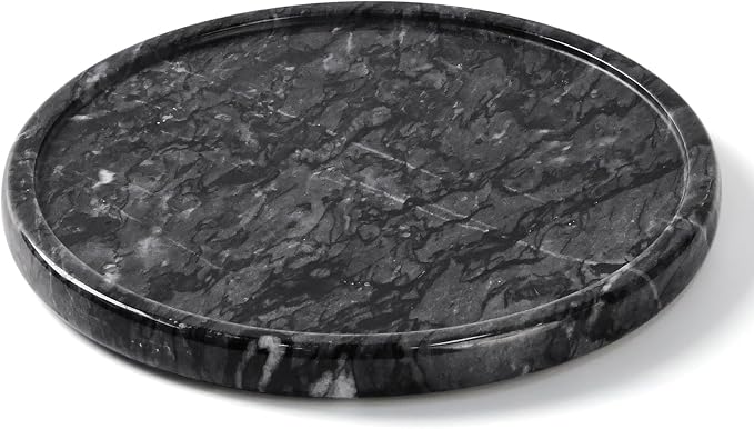 Natural Round Marble Tray - 7.8" Marble Vanity Tray for Dresser, Bathroom, Decorative Jewelry Dish for Perfumes Rings Earrings Necklaces, Stone Tray for Home Décor, Black