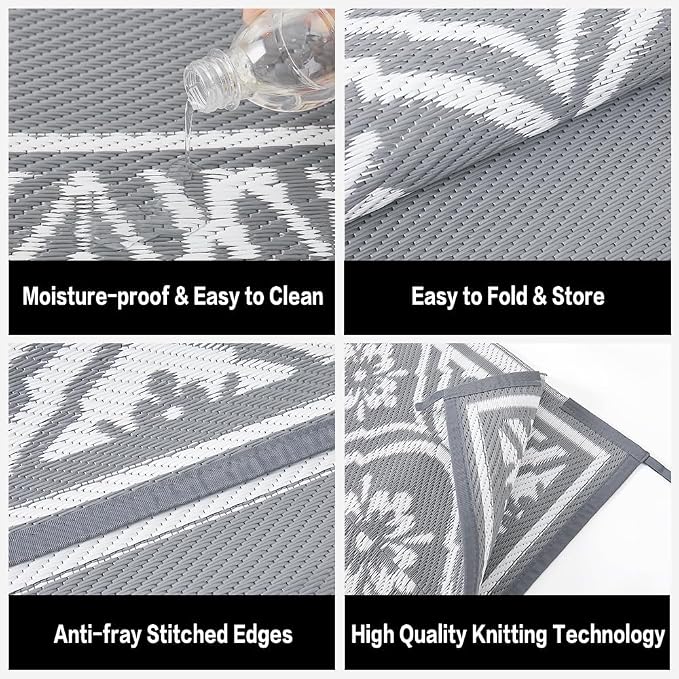 HUGEAR Outdoor Rug 9'x12' Patio Waterproof Mat Camping Carpet Outside Area Rug Reversible Grey Rugs for RV Deck Entryance Porch Picnic Balcony Beach
