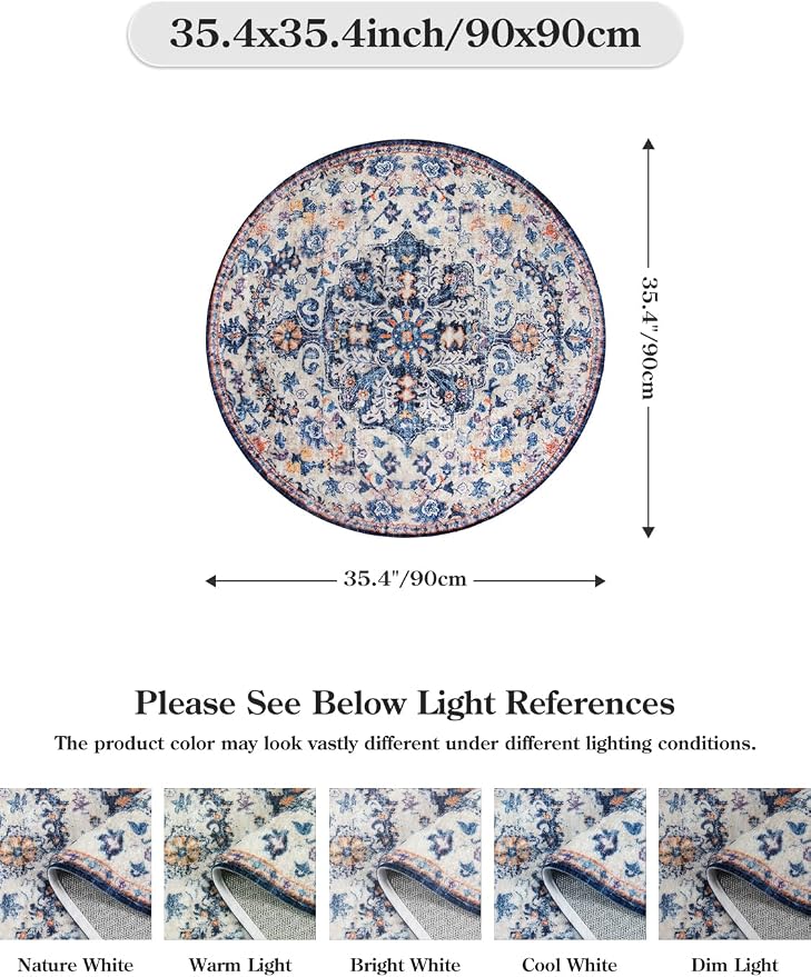 Lahome Reine Bohemian Round Rug 3Ft Small Bedroom Round Area Rug Soft Bathroom Circle Mat, Vintage Washable Non Slip Low Pile Indoor Floor Carpet for Kitchen Laundry Entryway, Blue Purple/Multi