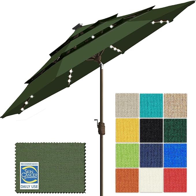EliteShade USA 10-Year-Non-Fading 9ft 3-Tier Market Patio Umbrella, Commercial Table Umbrella with 80 Solar LED Lights, Crank Open, Windproof & UPF 50+ UV Protection for Garden, Deck, Pool, Backyard, Fern