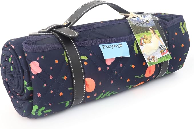 60x80” Double Thickened Picnic Blankets(150g High Density Cotton Stuffed) Navy Blue Floral Pattern Outdoor Picnic Mat Portable Picnic Blanket Foldable with Leather Carry Strap Beach Blanket