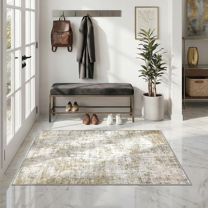 Abstract Area Rug 3x5 Ft Washable Rugs for Entryway Indoor | Tan Non Slip Kitchen Rug Printed Faux Wool Throw Rugs, Neutral Modern Indoor Mat for Entrance Bedroom Office Home Decor