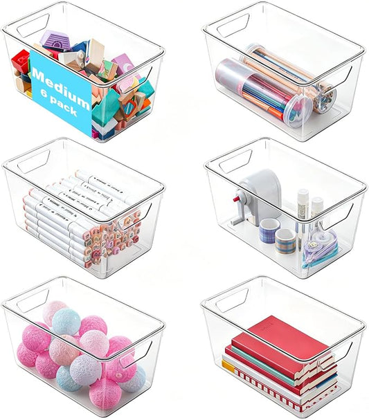 6 Pack Medium Clear Storage Bins with Lids, Acrylic Arts and Craft Storage Containers, Stackable Clear Plastic Craft Storage Bins with Handles for Pantry Organizers and Storage, Kitchen, Fridge,Office