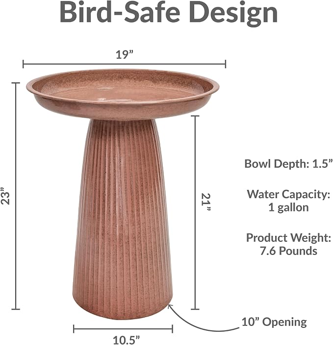 Sunnydaze Gleeful Garden 23" Iron Pedestal Bird Bath for Outside - Modern Shallow Basin Birdbath for Outdoors with UV-Protected Rust-Resistant Finish for Patio, Garden, Yard Decor - Canyon Clay Glaze