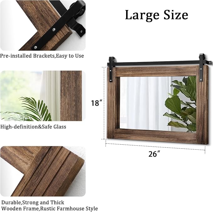 AAZZKANG Wood Mirror Rectangle Large Rustic Wall Mirror 18"x26" with Framed Bedroom Living Room Bathroom Hanging Mirror Horizontal