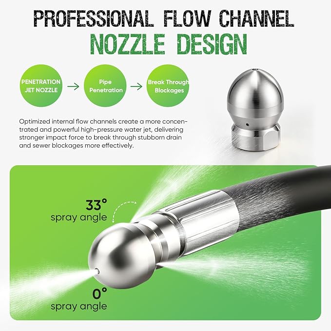 100FT Sewer Jetter Kit for Pressure Washer, 5800 PSI/400 Bar Drain Cleaning Hose, Slim Flexible Hose with Penetration Jet Nozzle for Narrow Pipes, Bends and Clogged Drains