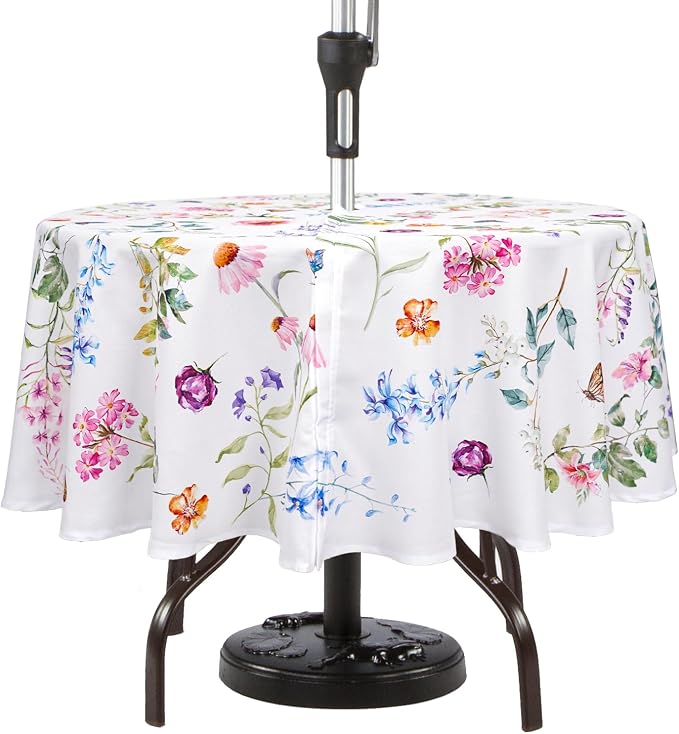 Round Outdoor Tablecloth with Umbrella Hole Umbrella Tablecloth Patio Tablecloths with Zipper for Courtyards, Terraces, and Beaches 60 in
