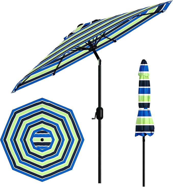 GarveeLife 9 ft Patio Umbrella, Outdoor Table Market Umbrella with Push Button Tilt and Crank, 8 Sturdy Ribs UV Protection Waterproof for Garden, Deck, Backyard, Pool (Yellow-blue-purple striped)