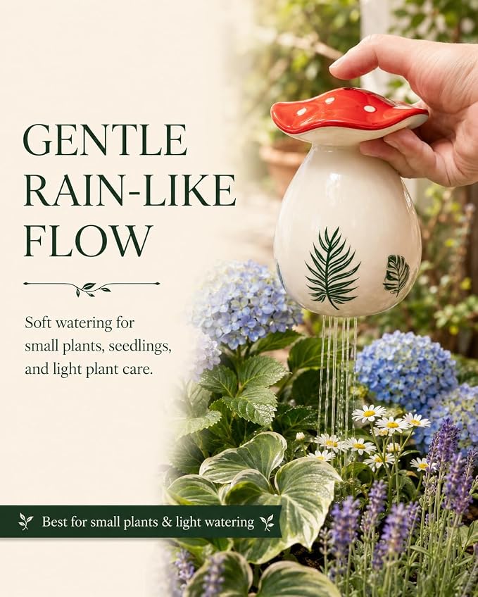 Cute Mushroom Thumb Watering Can, Handmade Ceramic Watering Bell for Small Indoor Plants, Gentle Rain Plant Waterer, Cottagecore Mushroom Decor, Plant Lover Gift