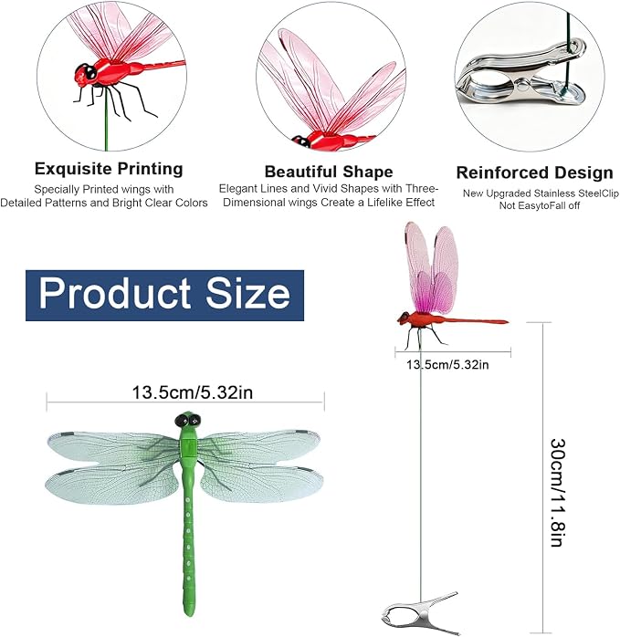 20pcs Dragonfly Clips, Realistic Fake Dragonflies Clip-On Waterproof PVC Garden Outdoor Decor Stakes Plastic Dragon Fly Clips Plant Decorations for Garden & Patio Enhancement