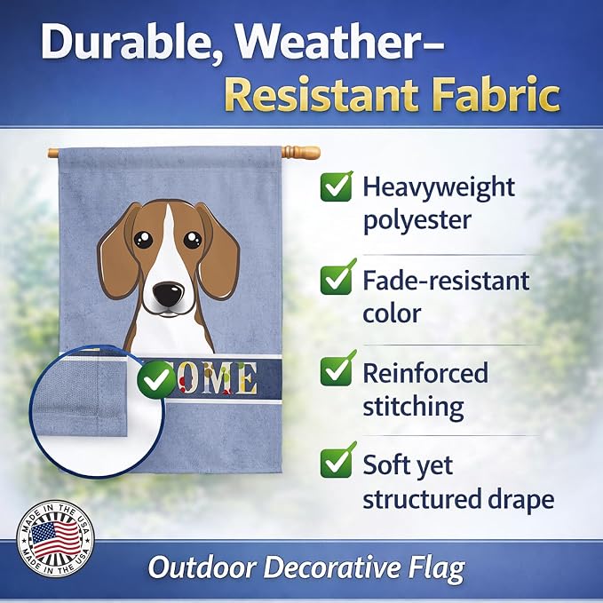 Caroline's Treasures BB1425CHF Beagle Welcome House Flag, Blue Large Porch Sleeve Pole Decorative Outside Yard Banner Artwork Wall Hanging, Polyester, House Size, Multicolor