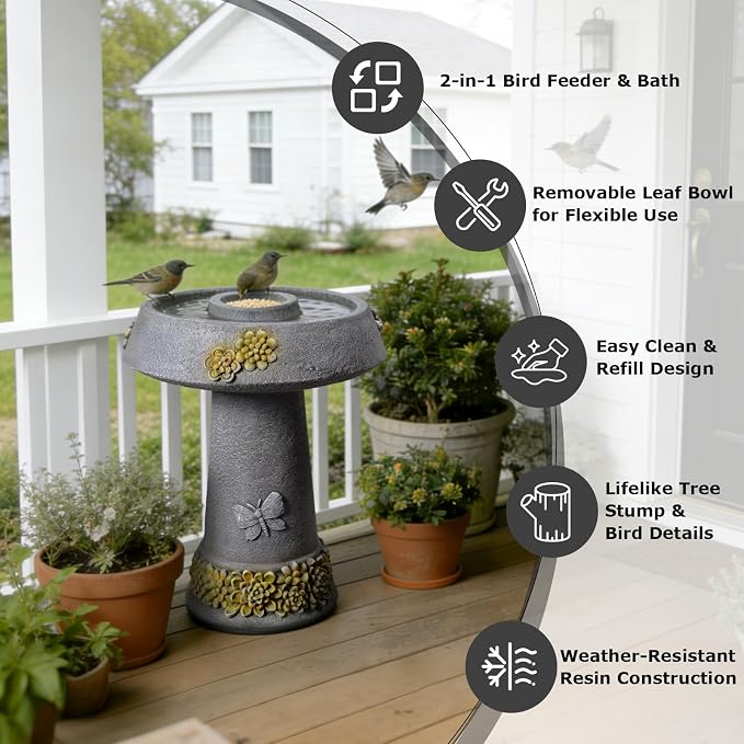 Bird Baths for Outdoors,23.6''H Outdoor Water Fountain Bird Bath & Feeder – Removable Feeding Bowl, Stone-Like Resin with Butterfly & Succulent Decor for Garden Yard Patio Porch Lawn Backyard
