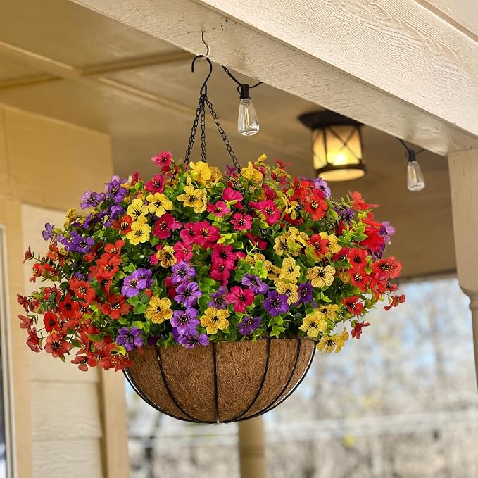 Geegoods 2 Pack Artificial Hanging Flowers for Outdoors, 24 Pcs UV Resistant Faux Mums Flowers with 2 Hanging Baskets, Fake Hanging Plants for Front Porch, Patio, Balcony, Yard and Garden Decor