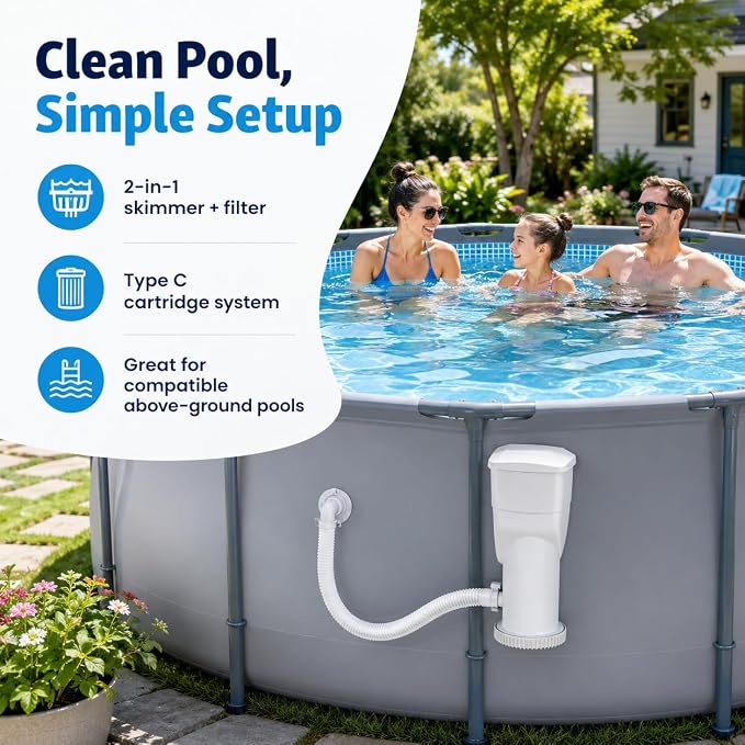 Summer Waves SFX1000 Complete Skimmer Filter Pump System for Above Ground Pools, 1000GPH, White, with 1.5" Fittings and Hose
