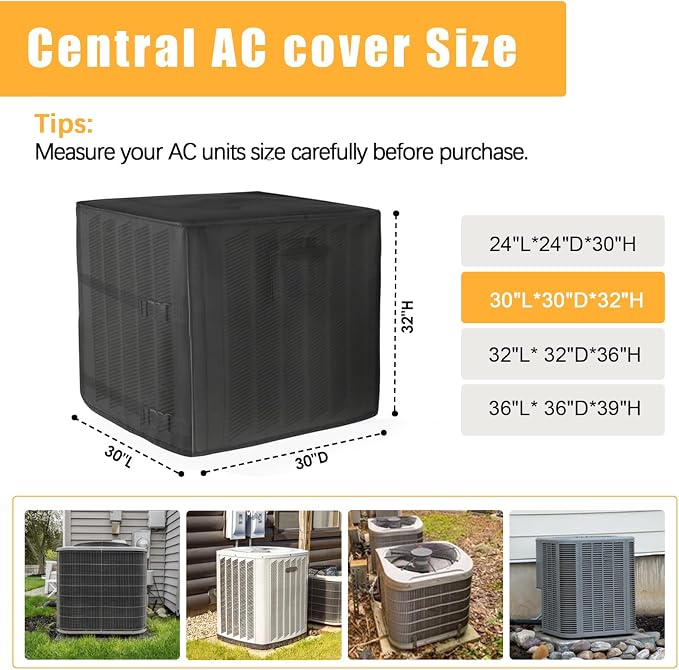 SUNICO Winter Air Conditioner Covers for Outside Units, 30x30x32in, Black | 3 Layers insulation waterproof cover, snowproof, heavy-duty 600D with antifreeze aluminum foil layer, for outdoor AC unit use