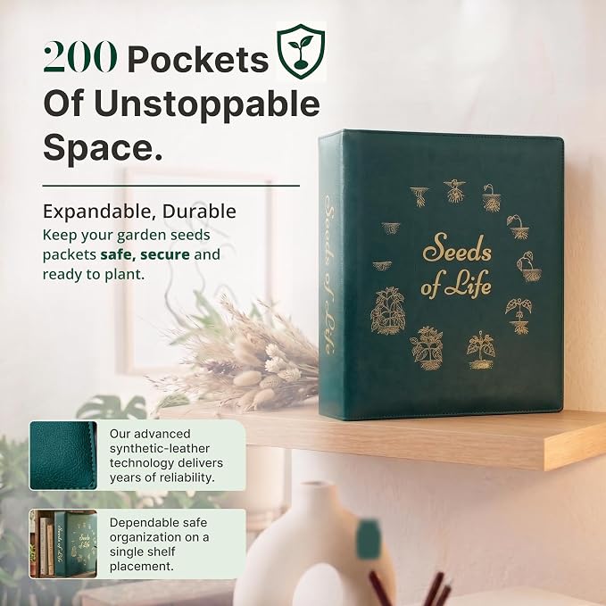 Seeds of Life - Seed Storage Organizer Binder – Compact Seed Packet Organizer with 50 Sheets Holding 200 Seed Envelopes, Complete Seed Saving Binder Kit for Gardeners