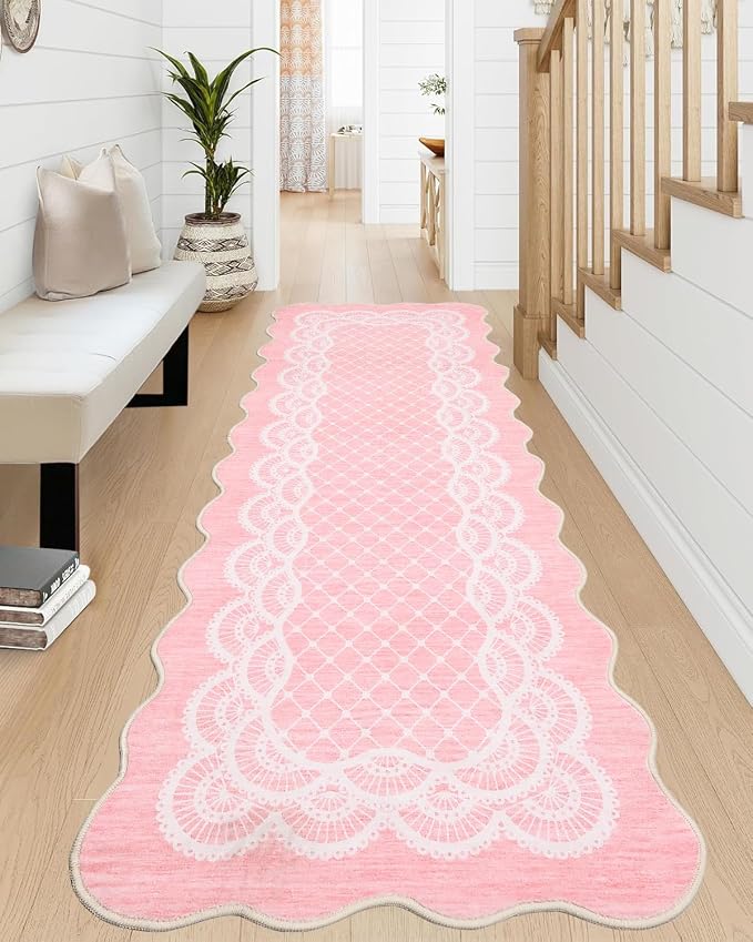 Garvee Washable Rug Runner 2x6 Scalloped Hallway Kitchen Rugs Pink | 2x6 Rugs Runner, Non-Slip Modern Bedside Rug, Non-Shedding Low Pile Carpet Runners for Laundry Room Entryway Nursery