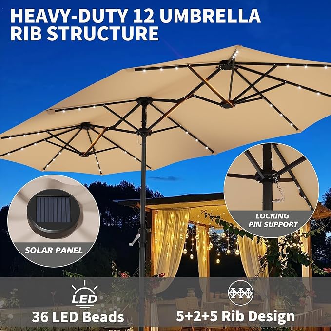 DomeShade 15ft Patio Umbrella with Base Included Solar Lights,Double Umbrella Outdoor Patio Table Umbrella Market Rectangle Umbrellas with 36 LED Lights for Outside Poolside Lawn Backyard,Beige
