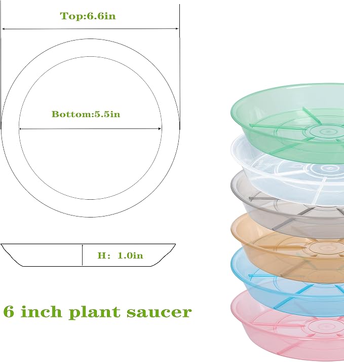 6 Pack 6 inch Plant Saucer Drip Tray, 4 5 6 8 9 10 12 14 16 18 inch, Heavy Sturdy Plastic Planter Flower Pot Saucers for Indoor Outdoor Garden, Plant Water Drip Trays for pots Base (6", Clear)