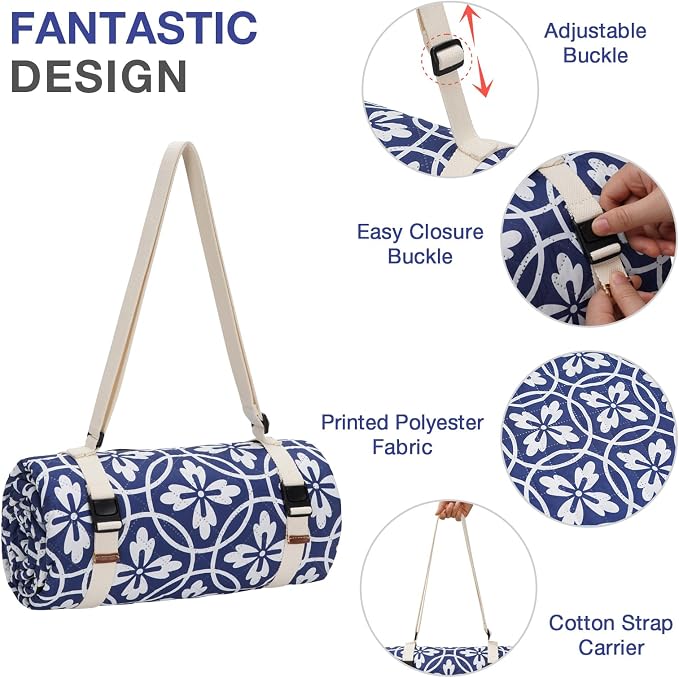 WILLOW WEAVE Picnic Blanket, 80''x80'' Waterproof Outdoor Blankets, Picnic Mat Washable for Beach, Picnic Blankets for Camping on Grass with Shoulder Strap - NavyBlue