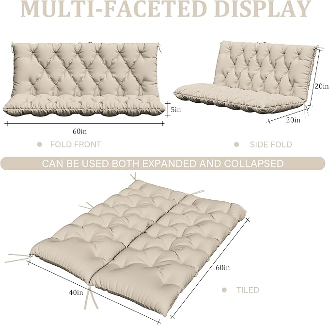 Porch Swing Cushion with Backrest,Waterproof Bench Cushion for Outdoor Furniture,2-3 Seater Replacement Thickened 5 in swing cushion,with Ties,Patio,Outdoor,Backyard and Cream (Cream,60x40 in)