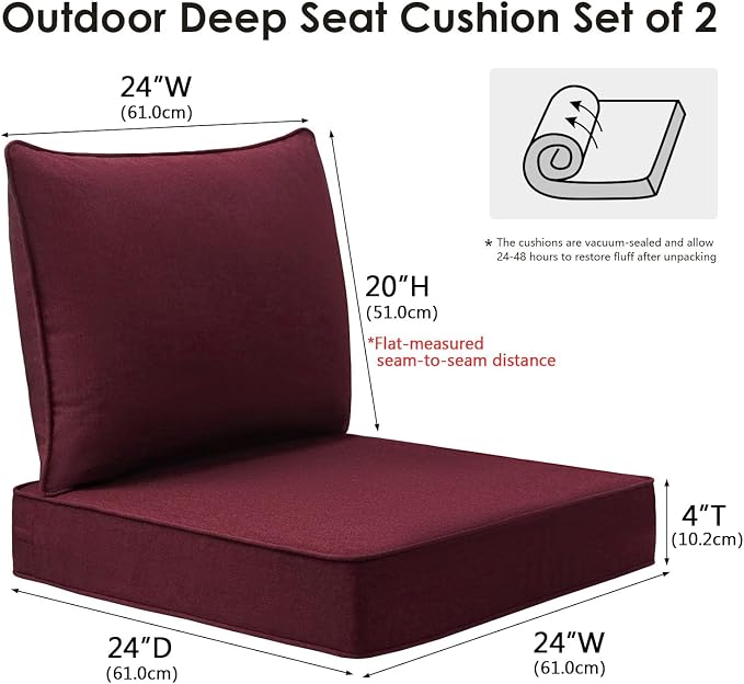 Unimatta Sunbrella Outdoor Patio Chair Cushions Set, 24" x 24", Set of 2, Water-Repellent, Fade Resistant, Deep Seat Cushion for Backyard, Couch, Sofa and Patio Furniture, Spectrum Ruby