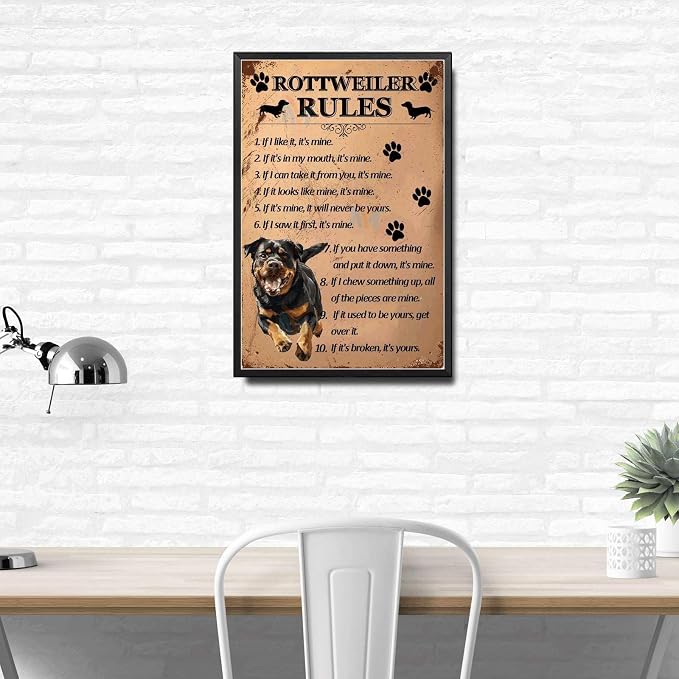Metal Sign Tin Sign Vintage Wall Art Rottweiler Rules Tin Sign Paper for Home Decor 6×8 Inches with Metal Frame