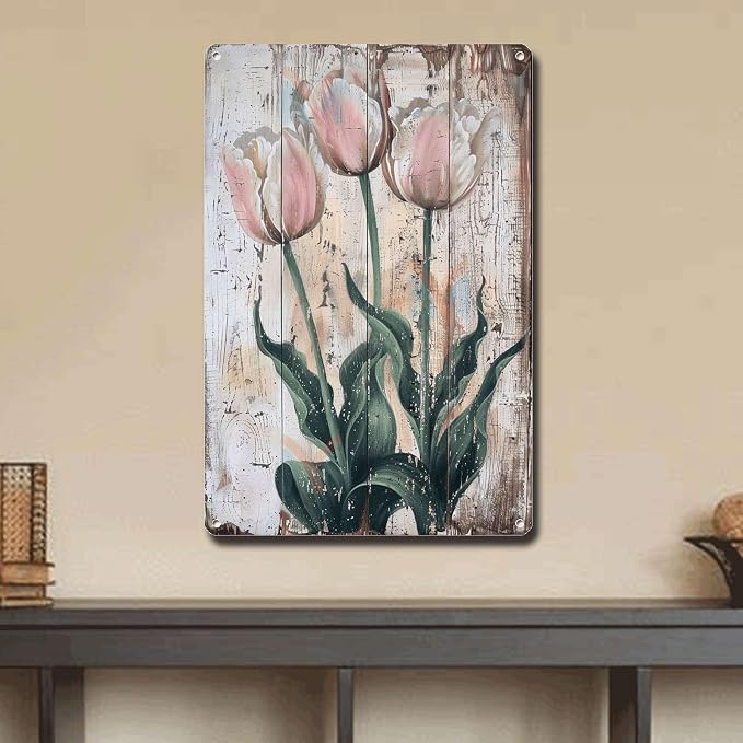 Metal Sign Tin Sign Vintage Wall Art Elegant Tulips Vintage Tin Sign for Rustic Home Decor Shabby Chic Style and Waterproof Aluminum S Sign Garden Outside for Restaurant 12×16 Inches