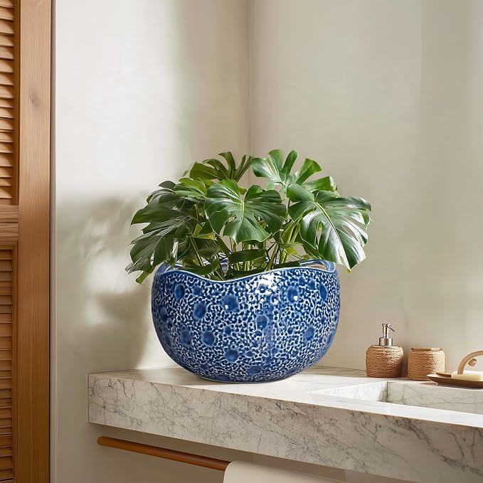 10 Inch Plant Pot - Ceramic Pots for Plants Indoor Outdoor, Round Bonsai Pots with Drainage Hole, Decorative Flower Pot, Modern Unique Planters, House Decor, Housewarming Gifts, Blue