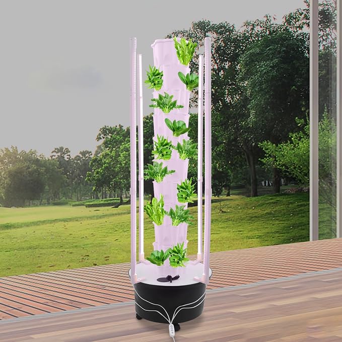 10 Tier Hydroponic Growing Tower with Led Grow Lights Water Pump, 60 Planting Pots Vertical Garden Indoor Outdoor Automatic Water Circulation System, Locking Wheels for Home, Patio, Balcony