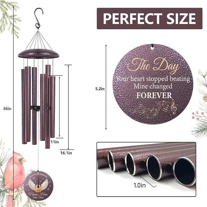 Personalized Memorial Wind Chimes for Loss of Loved One, 30"/36"/45" Sympathy Wind Chimes in Memory of Mother Father Memorial Gifts, Produced in Texas