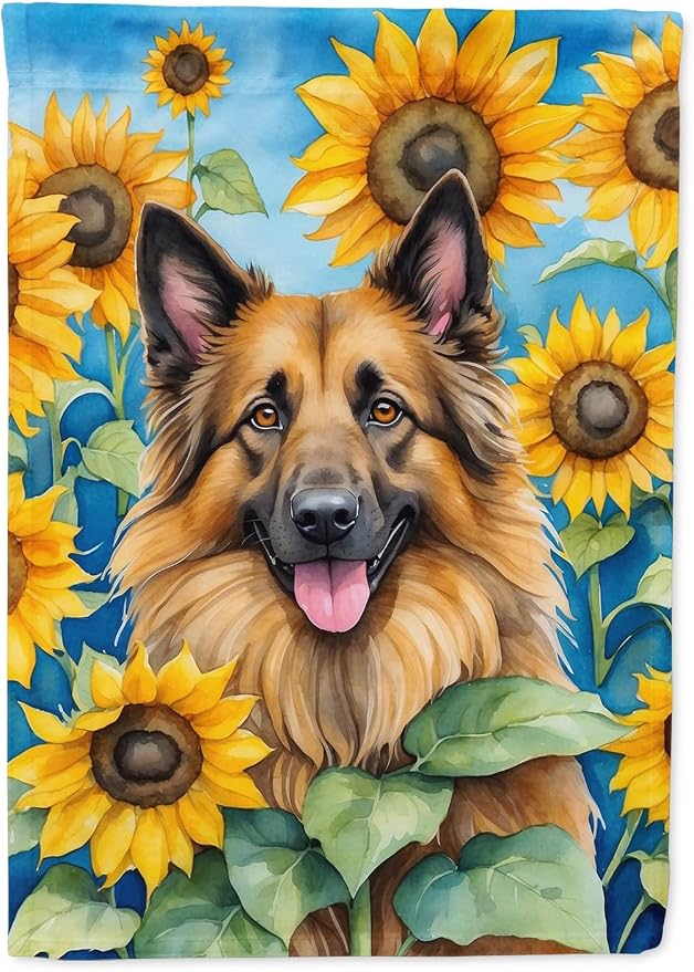 Caroline's Treasures DAC6024CHF Belgian Tervuren in Sunflowers House Flag Large Porch Sleeve Pole Decorative Outside Yard Banner Artwork Wall Hanging, Polyester, House Size, Multicolor