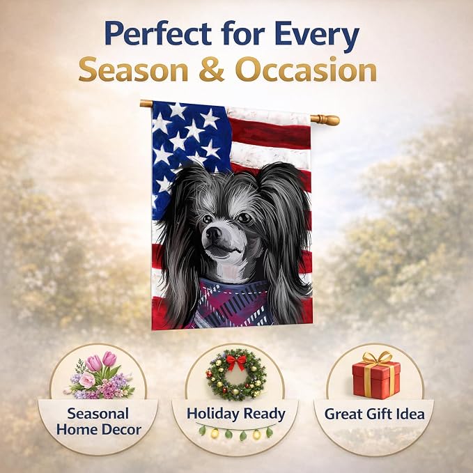 Caroline's Treasures CK6487CHF Chinese Crested Dog American Flag House Flag Large Porch Sleeve Pole Decorative Outside Yard Banner Artwork Wall Hanging, Polyester, House Size, Multicolor
