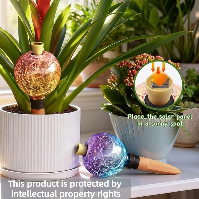VOREEN Crackle Glass Plant Watering Globe with Terracotta Spike,Self-Watering Irrigation for Potted Plants, with Solar Accent Light for Indoor & Outdoor Décor, 17oz, Yellow–Pink Gradient