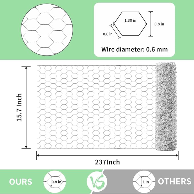 Chicken Wire 15.7 in x 237 in Poultry Wire Netting Hexagonal Galvanized Mesh Garden Fence Barrier for Pet Rabbit Chicken Fencing with 100 Pcs Cable Zip Ties