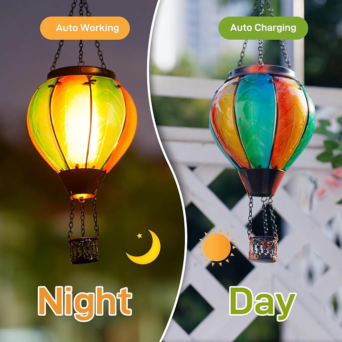 Hanging Solar Hot Air Balloon Lantern with Flame, Glass Hot Air Balloon Solar Lantern Outdoor Waterproof, Solar Powered Hot Air Balloon Lantern Decorative for Outside Garden Yard (Orange)