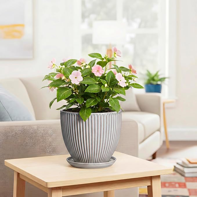 Ceramic Planters for Plants, 8 Inch Flower Pot with Drainage Hole and Saucer, Round Plant Pots for Indoor Plants, Modern Decorative Planter, Home Garden Decor, Gifts for Plant Lovers, Grey
