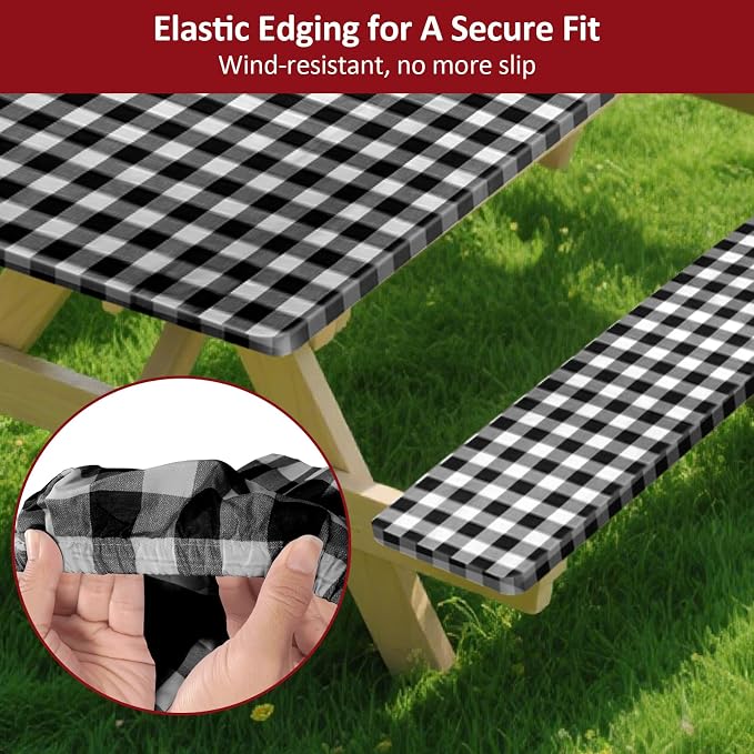 7ft Picnic Table and Bench Cover, Camping Essentials RV Gear, 84 in Waterproof Windproof Outdoor Elastic All Around Tablecloth, Fitted Rectangle Tables and Seats, Black-White Checkered