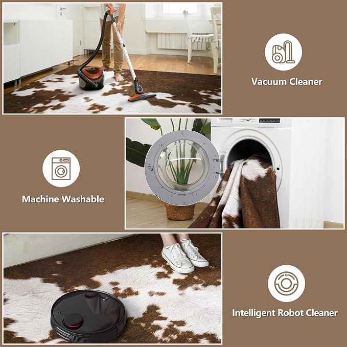 DweIke Cow Print Rugs for Living Room, 4x6 Soft Faux Animal Cowhide Area Rug, Washable Non-Slip Stain Resistant Throw Carpet for Dining Room Office Western Home Decor, Light Brown