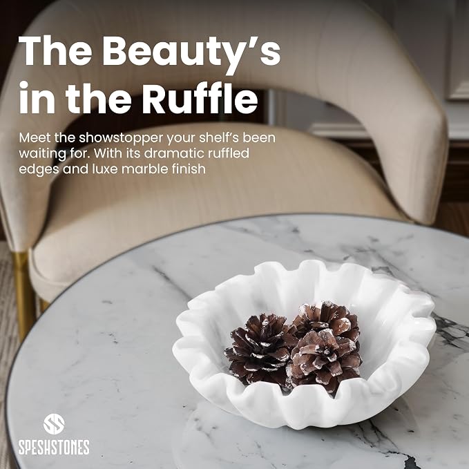 Marble Small Decorative Bowl 6 Inch Handmade White Ruffle Bowl, Scalloped Bowls for Table Centerpieces & Housewarming Gifts, Fluted Ring Dish, Fruit & Key Bowl for Entry Table