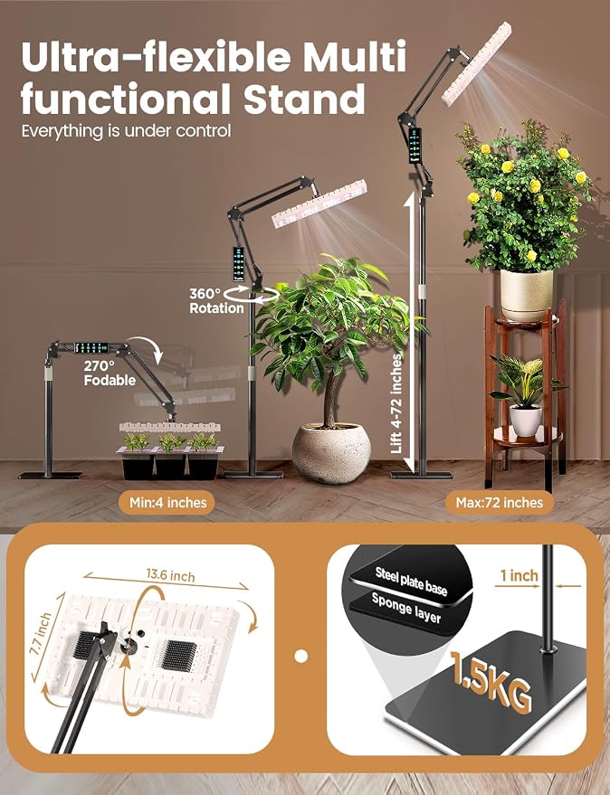 MetryGrow Plant Grow Light, [Smart APP & Expansive 2x2 Ft Coverage] Genuine 60W Output LED Full Spectrum for Indoor Plants, 8-Level Brightness, Supports Hanging & Standing, 270° Folding, 360° Rotation