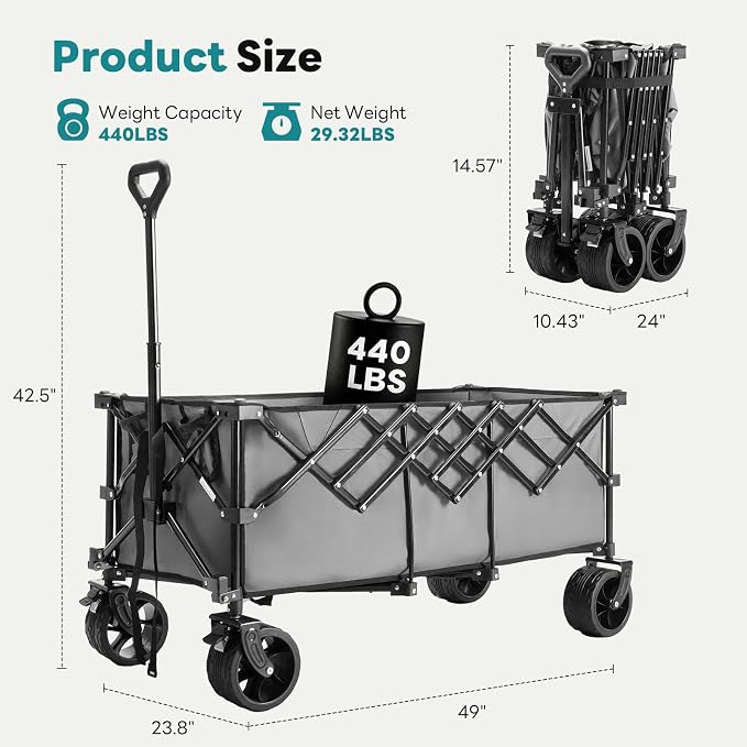 DUMOS 49''L Collapsible Extended Wagon with 440LBS Capacity, Heavy Duty Wagons Garden Cart with All-Terrain Big Wheels & Drink Holders, 250L Foldable Carts for Sports, Shopping, Camping, Grey