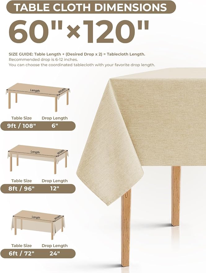 Decorelia Faux Linen Farmhouse Table Cloth 60"x120" for Rectangle Table, Beige Waterproof Outdoor Washable Cloth Tablecloth for Rectangular Dining Room Kitchen Outdoor Party Restaurant Decor